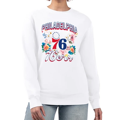 Women's G-III 4Her by Carl Banks White Philadelphia 76ers Flowers Team Logo Graphic Fleece Crewneck Pullover Sweatshirt