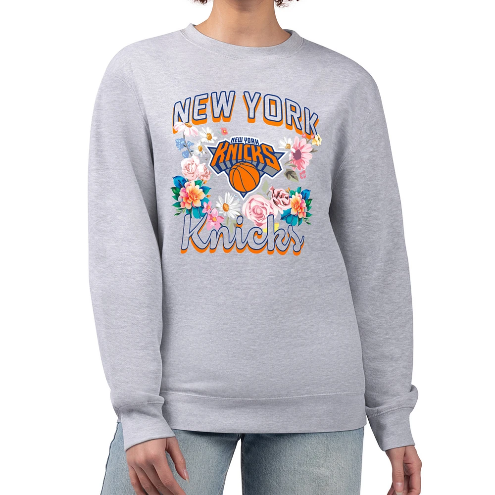 Women's G-III 4Her by Carl Banks Heather Gray New York Knicks Flowers Team Logo Graphic Fleece Crewneck Pullover Sweatshirt