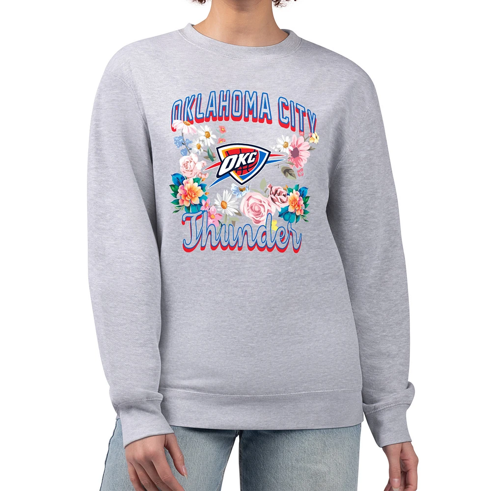Women's G-III 4Her by Carl Banks Heather Gray Oklahoma City Thunder Flowers Team Logo Graphic Fleece Crewneck Pullover Sweatshirt