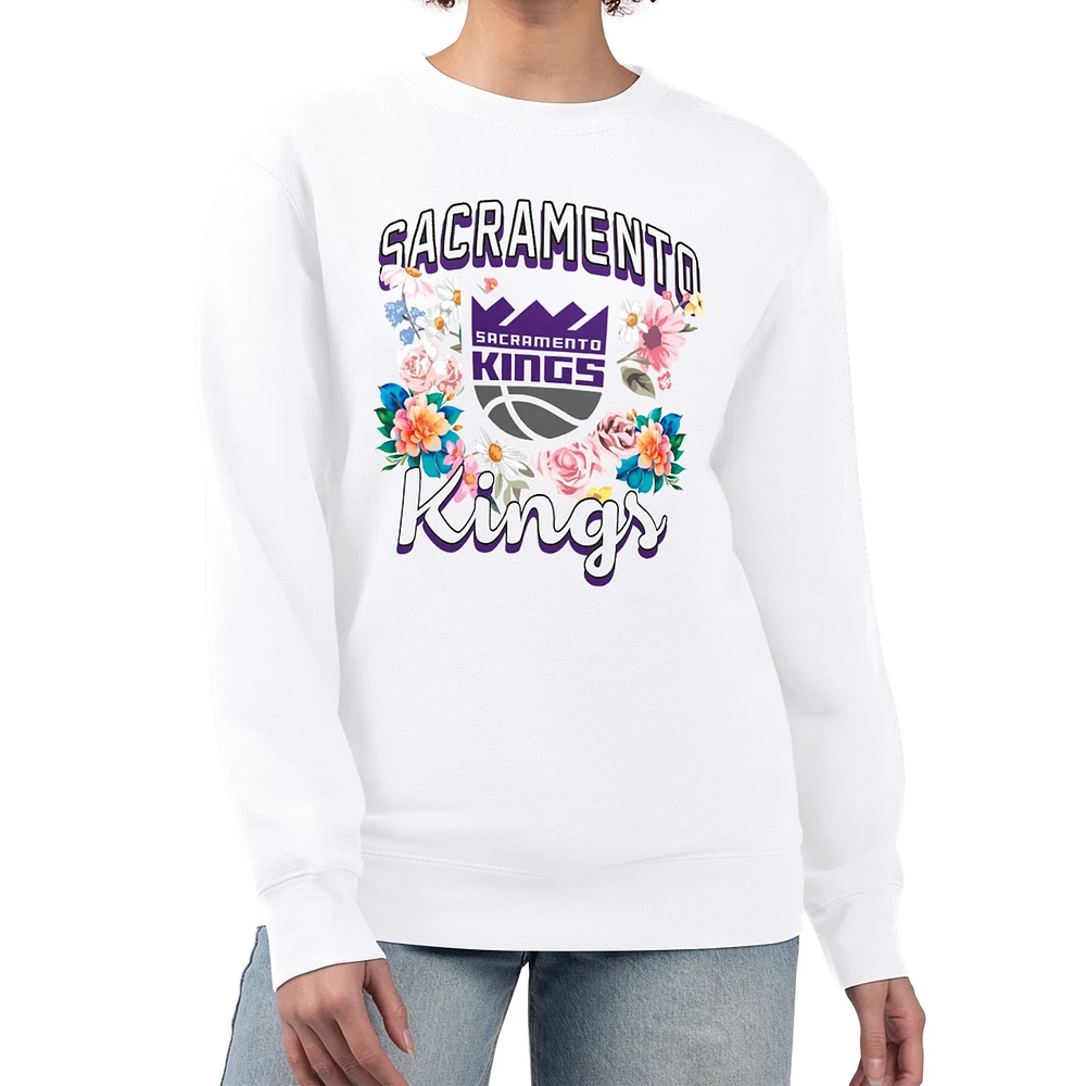 Women's G-III 4Her by Carl Banks White Sacramento Kings Flowers Team Logo Graphic Fleece Crewneck Pullover Sweatshirt