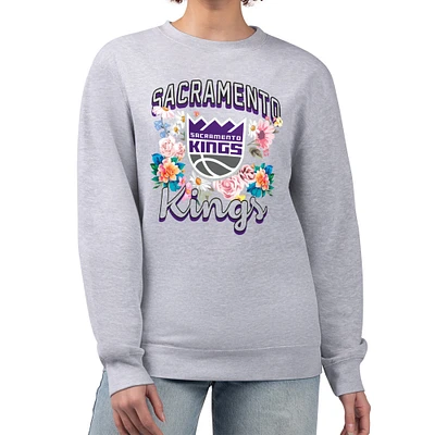 Women's G-III 4Her by Carl Banks Heather Gray Sacramento Kings Flowers Team Logo Graphic Fleece Crewneck Pullover Sweatshirt