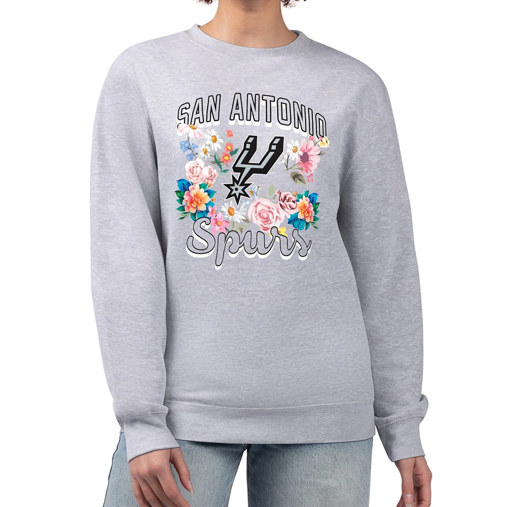 Women's G-III 4Her by Carl Banks Heather Gray San Antonio Spurs Flowers Team Logo Graphic Fleece Crewneck Pullover Sweatshirt