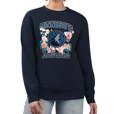 Women's G-III 4Her by Carl Banks Navy Minnesota Timberwolves Flowers Team Logo Graphic Fleece Crewneck Pullover Sweatshirt