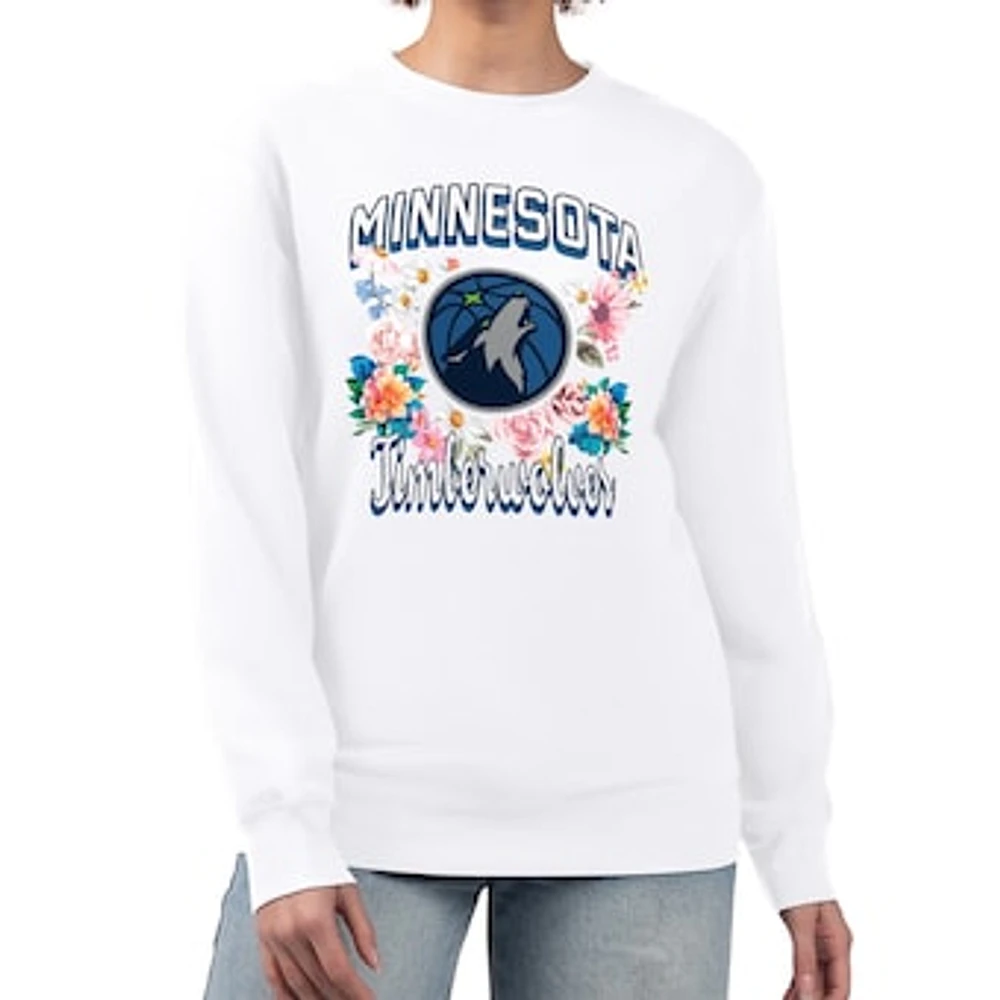 Women's G-III 4Her by Carl Banks White Minnesota Timberwolves Flowers Team Logo Graphic Fleece Crewneck Pullover Sweatshirt