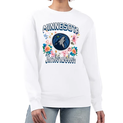 Women's G-III 4Her by Carl Banks White Minnesota Timberwolves Flowers Team Logo Graphic Fleece Crewneck Pullover Sweatshirt