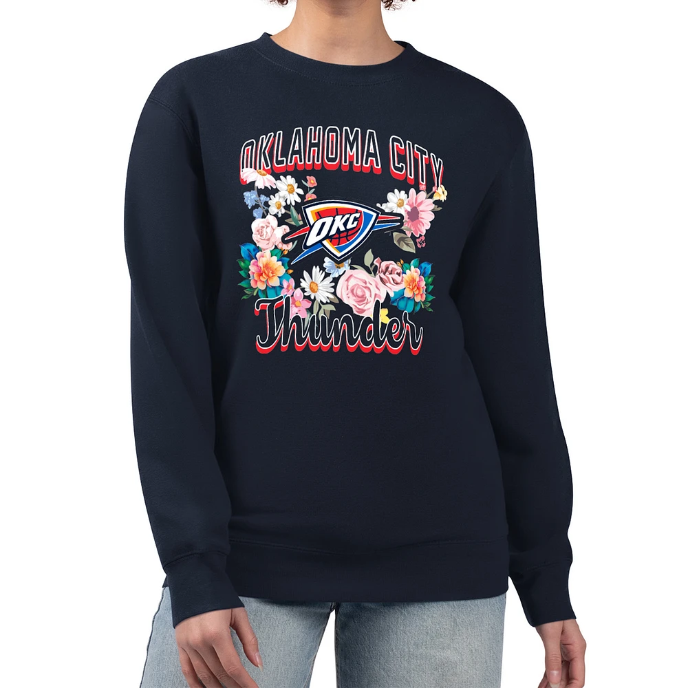 Women's G-III 4Her by Carl Banks Navy Oklahoma City Thunder Flowers Team Logo Graphic Fleece Crewneck Pullover Sweatshirt