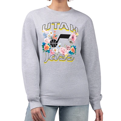 Women's G-III 4Her by Carl Banks Heather Gray Utah Jazz Flowers Team Logo Graphic Fleece Crewneck Pullover Sweatshirt