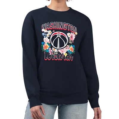 Women's G-III 4Her by Carl Banks Navy Washington Wizards Flowers Team Logo Graphic Fleece Crewneck Pullover Sweatshirt