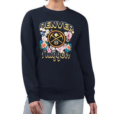 Women's G-III 4Her by Carl Banks Navy Denver Nuggets Flowers Team Logo Graphic Fleece Crewneck Pullover Sweatshirt