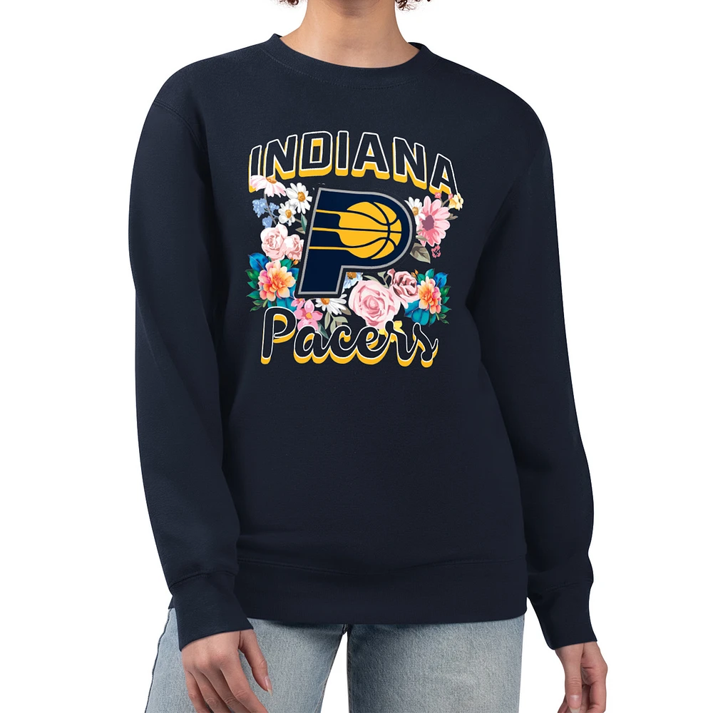 Women's G-III 4Her by Carl Banks Navy Indiana Pacers Flowers Team Logo Graphic Fleece Crewneck Pullover Sweatshirt