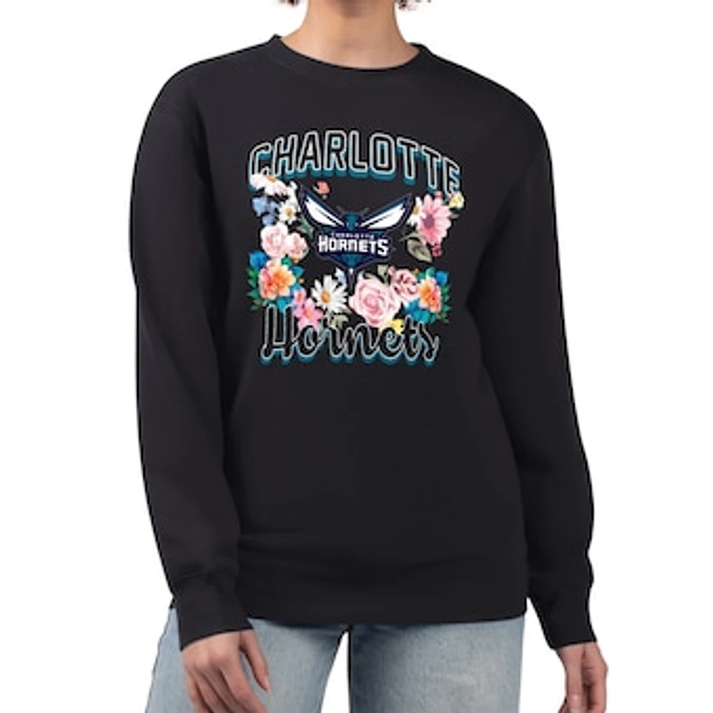 Women's G-III 4Her by Carl Banks Black Charlotte Hornets Flowers Team Logo Graphic Fleece Crewneck Pullover Sweatshirt
