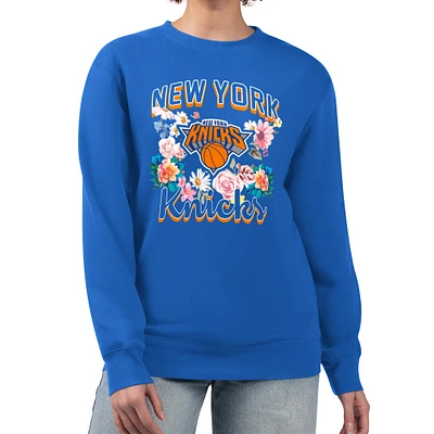 Women's G-III 4Her by Carl Banks Blue New York Knicks Flowers Team Logo Graphic Fleece Crewneck Pullover Sweatshirt