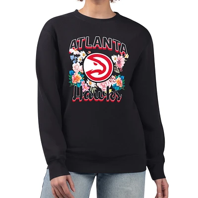 Women's G-III 4Her by Carl Banks Black Atlanta Hawks Flowers Team Logo Graphic Fleece Crewneck Pullover Sweatshirt