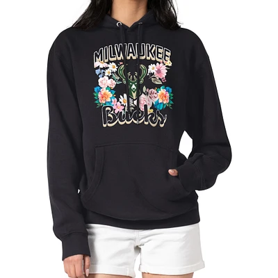 Women's G-III 4Her by Carl Banks Black Milwaukee Bucks Flowers Team Logo Graphic Fleece Pullover Hoodie