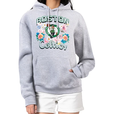 Women's G-III 4Her by Carl Banks Heather Gray Boston Celtics Flowers Team Logo Graphic Fleece Pullover Hoodie