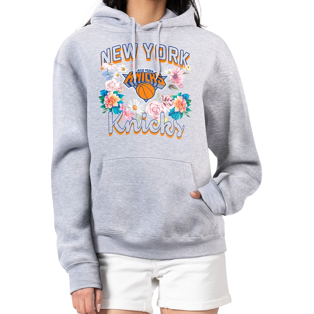 Women's G-III 4Her by Carl Banks Heather Gray New York Knicks Flowers Team Logo Graphic Fleece Pullover Hoodie