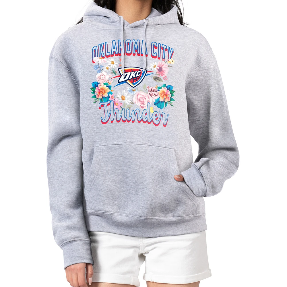 Women's G-III 4Her by Carl Banks Heather Gray Oklahoma City Thunder Flowers Team Logo Graphic Fleece Pullover Hoodie