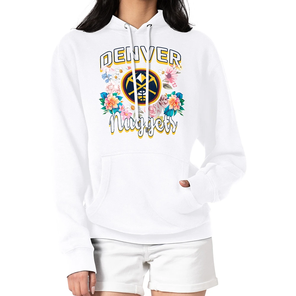 Women's G-III 4Her by Carl Banks White Denver Nuggets Flowers Team Logo Graphic Fleece Pullover Hoodie