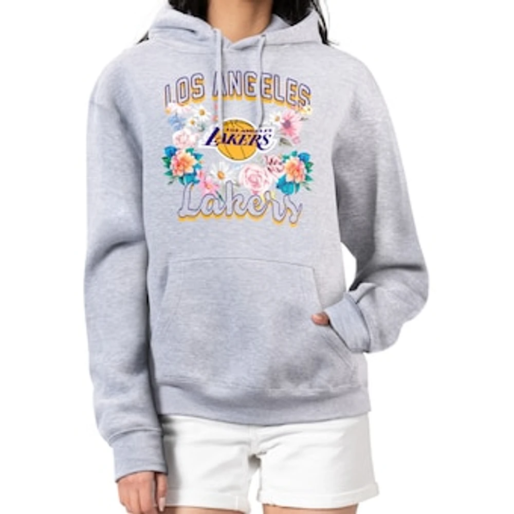 Women's G-III 4Her by Carl Banks Heather Gray Los Angeles Lakers Flowers Team Logo Graphic Fleece Pullover Hoodie