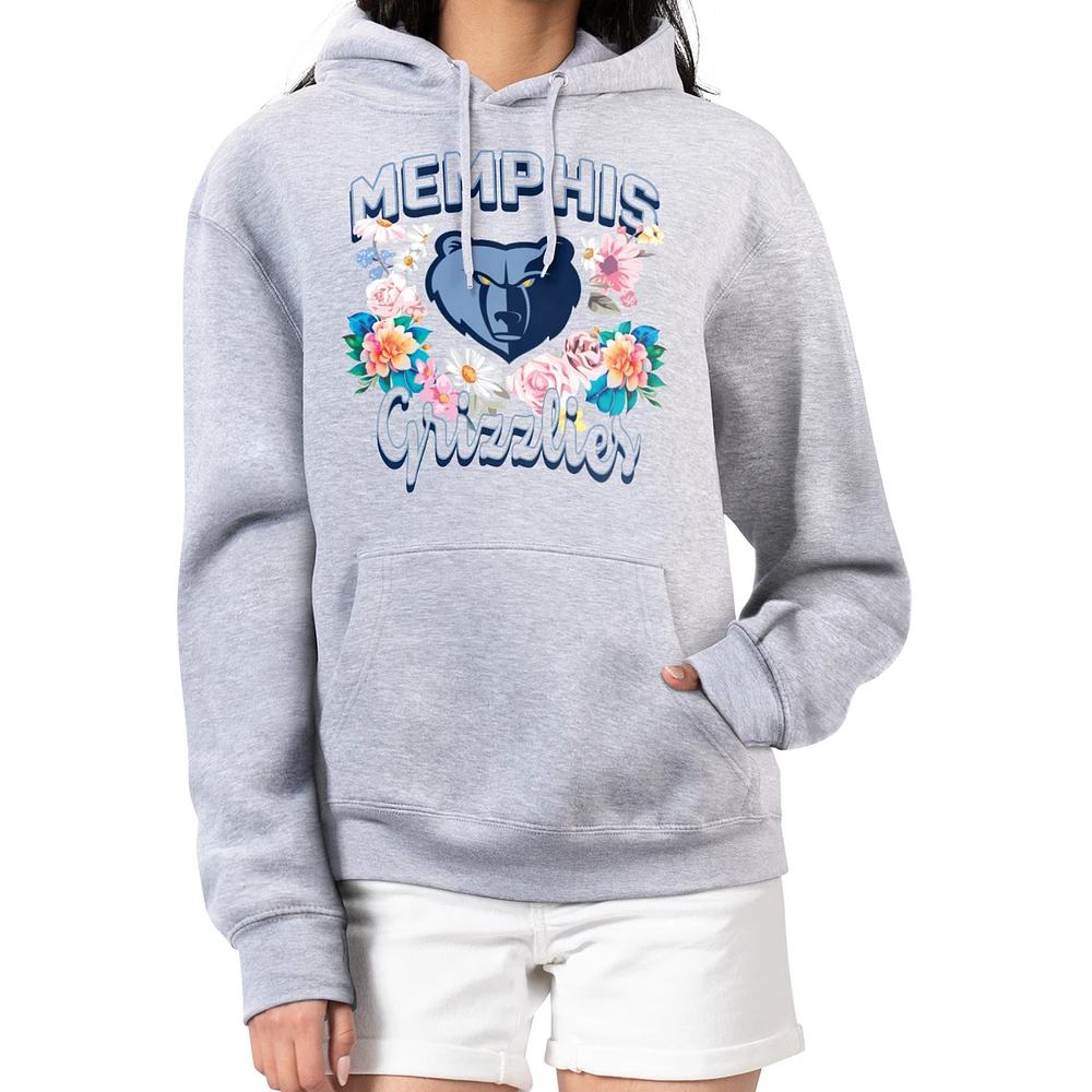 Women's G-III 4Her by Carl Banks Heather Gray Memphis Grizzlies Flowers Team Logo Graphic Fleece Pullover Hoodie