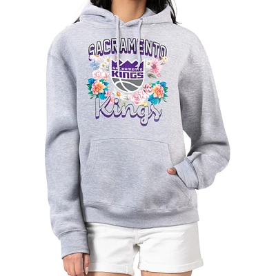 Women's G-III 4Her by Carl Banks Heather Gray Sacramento Kings Flowers Team Logo Graphic Fleece Pullover Hoodie