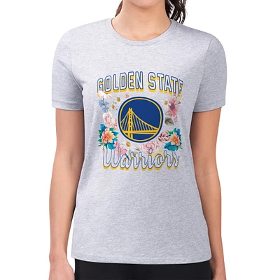 Women's G-III 4Her by Carl Banks Heather Gray Golden State Warriors Super-Slim Fit Lightweight Flowers Team Logo Graphic T-Shirt