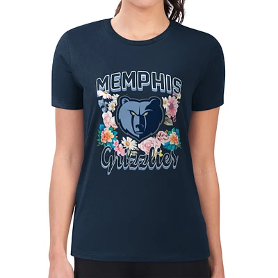 Women's G-III 4Her by Carl Banks Navy Memphis Grizzlies Super-Slim Fit Lightweight Flowers Team Logo Graphic T-Shirt