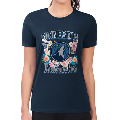 Women's G-III 4Her by Carl Banks Navy Minnesota Timberwolves Super-Slim Fit Lightweight Flowers Team Logo Graphic T-Shirt