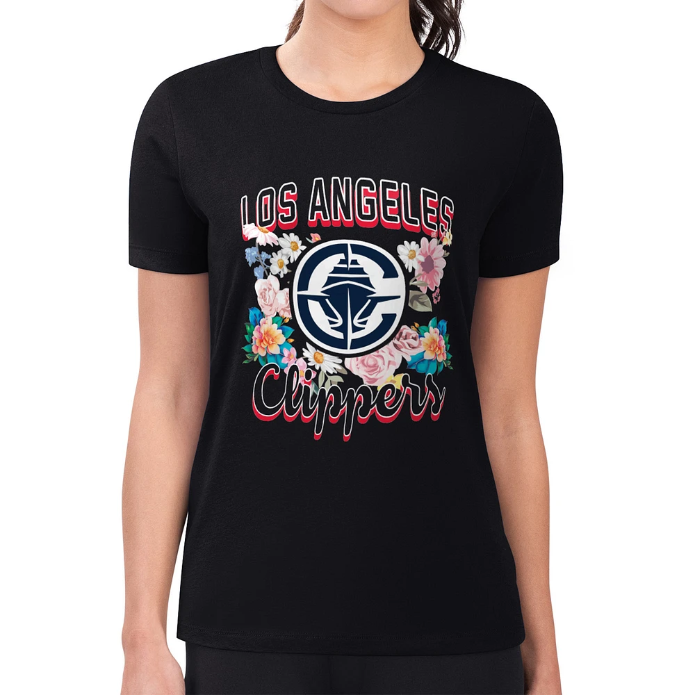 Women's G-III 4Her by Carl Banks Black LA Clippers Super-Slim Fit Lightweight Flowers Team Logo Graphic T-Shirt