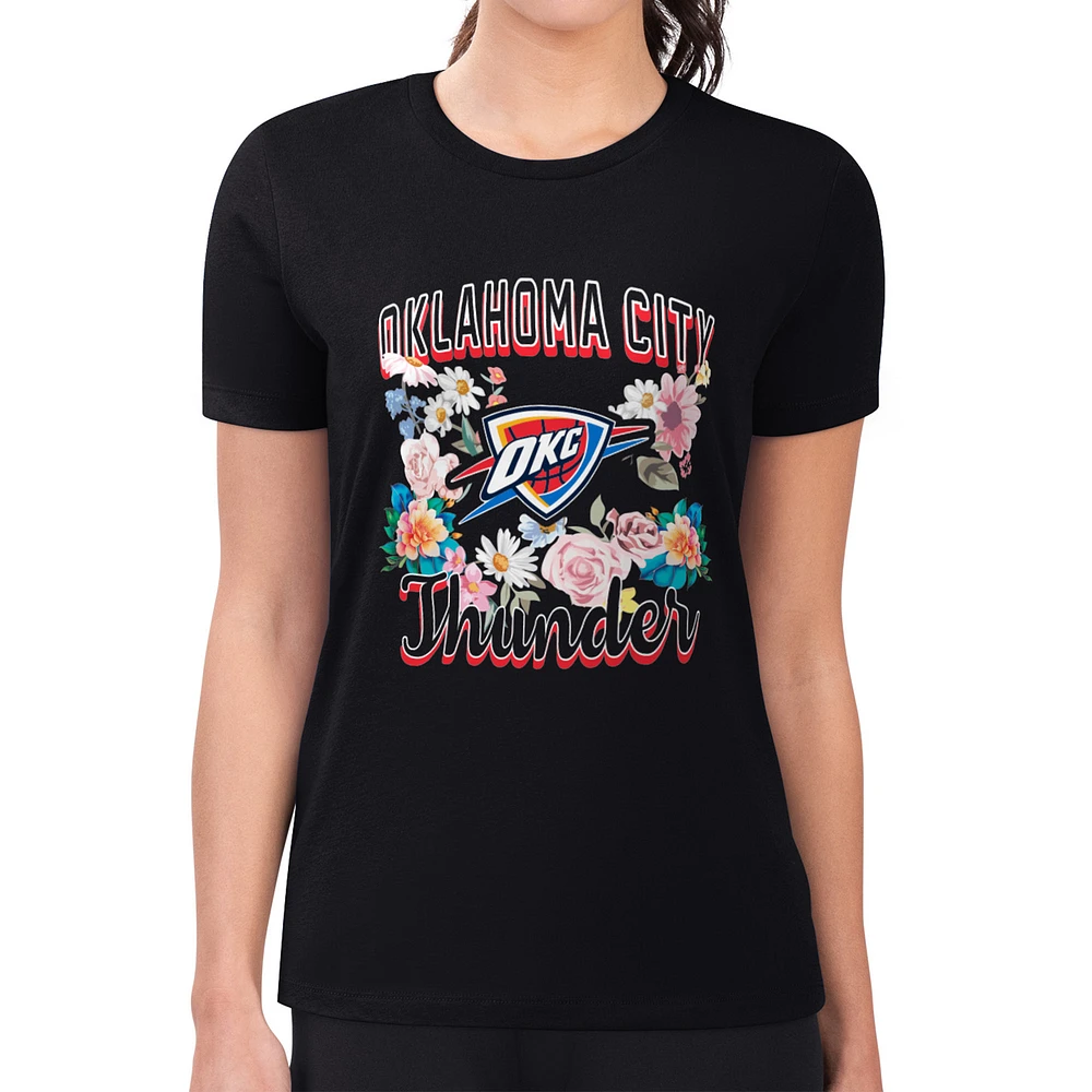 Women's G-III 4Her by Carl Banks Black Oklahoma City Thunder Super-Slim Fit Lightweight Flowers Team Logo Graphic T-Shirt