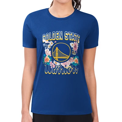 Women's G-III 4Her by Carl Banks Royal Golden State Warriors Super-Slim Fit Lightweight Flowers Team Logo Graphic T-Shirt
