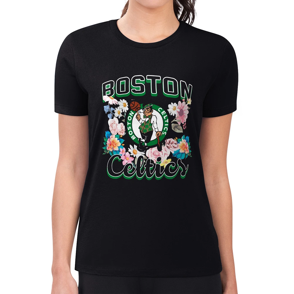Women's G-III 4Her by Carl Banks Black Boston Celtics Super-Slim Fit Lightweight Flowers Team Logo Graphic T-Shirt