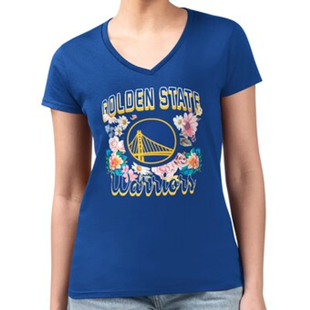 Women's G-III 4Her by Carl Banks Royal Golden State Warriors Super-Slim Fit Lightweight Flowers Team Logo Graphic V-Neck T-Shirt