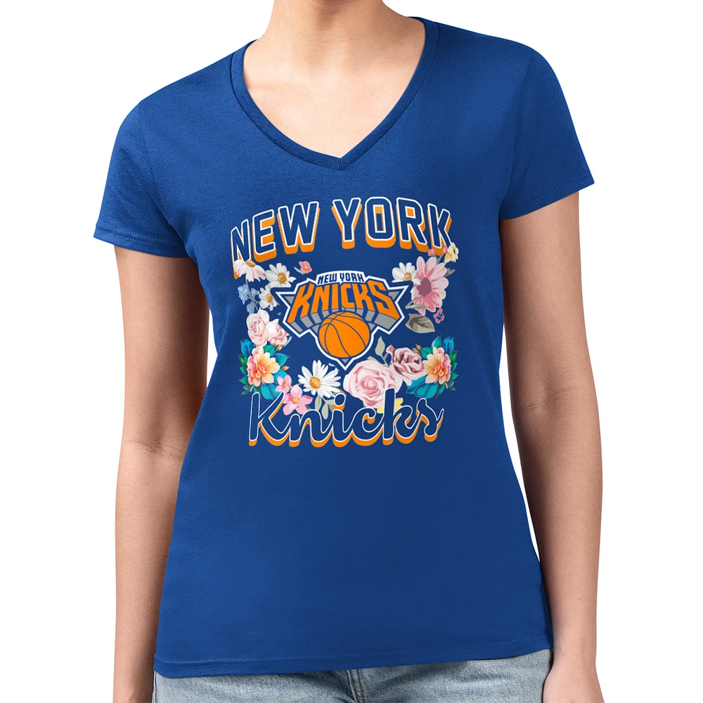 Women's G-III 4Her by Carl Banks Blue New York Knicks Super-Slim Fit Lightweight Flowers Team Logo Graphic V-Neck T-Shirt
