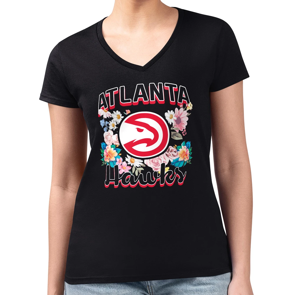 Women's G-III 4Her by Carl Banks Black Atlanta Hawks Super-Slim Fit Lightweight Flowers Team Logo Graphic V-Neck T-Shirt