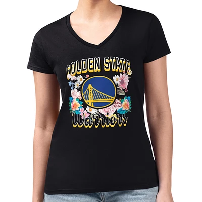Women's G-III 4Her by Carl Banks Black Golden State Warriors Super-Slim Fit Lightweight Flowers Team Logo Graphic V-Neck T-Shirt