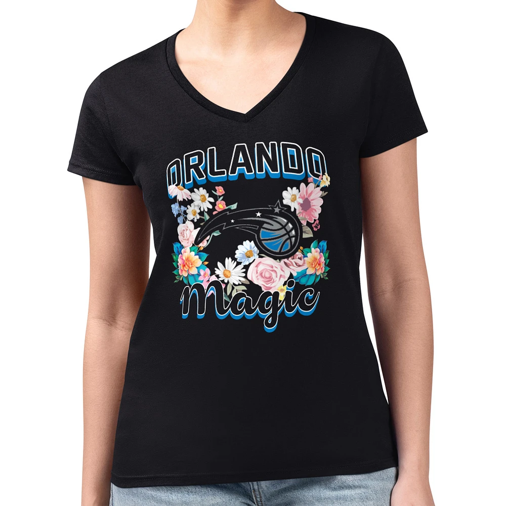 Women's G-III 4Her by Carl Banks Black Orlando Magic Super-Slim Fit Lightweight Flowers Team Logo Graphic V-Neck T-Shirt