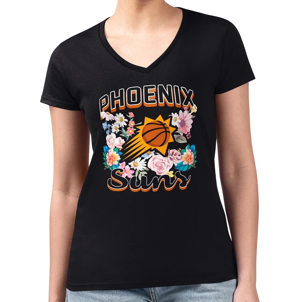 Women's G-III 4Her by Carl Banks Black Phoenix Suns Super-Slim Fit Lightweight Flowers Team Logo Graphic V-Neck T-Shirt