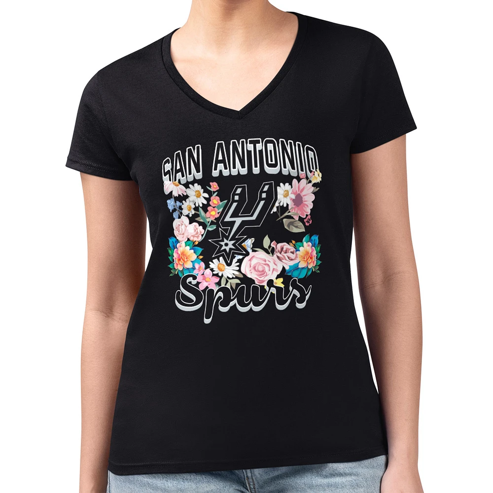 Women's G-III 4Her by Carl Banks Black San Antonio Spurs Super-Slim Fit Lightweight Flowers Team Logo Graphic V-Neck T-Shirt