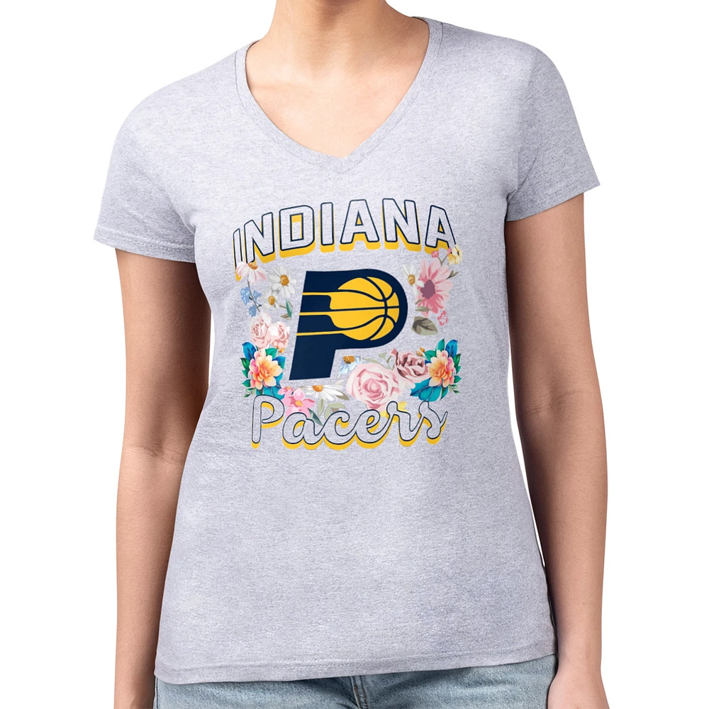 Women's G-III 4Her by Carl Banks Heather Gray Indiana Pacers Super-Slim Fit Lightweight Flowers Team Logo Graphic V-Neck T-Shirt