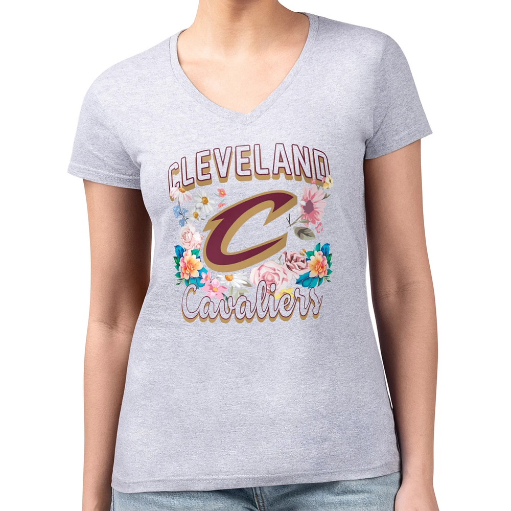 Women's G-III 4Her by Carl Banks Heather Gray Cleveland Cavaliers Super-Slim Fit Lightweight Flowers Team Logo Graphic V-Neck T-Shirt