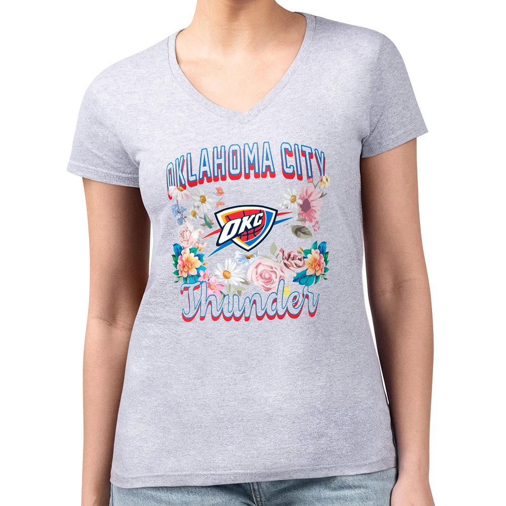 Women's G-III 4Her by Carl Banks Heather Gray Oklahoma City Thunder Super-Slim Fit Lightweight Flowers Team Logo Graphic V-Neck T-Shirt