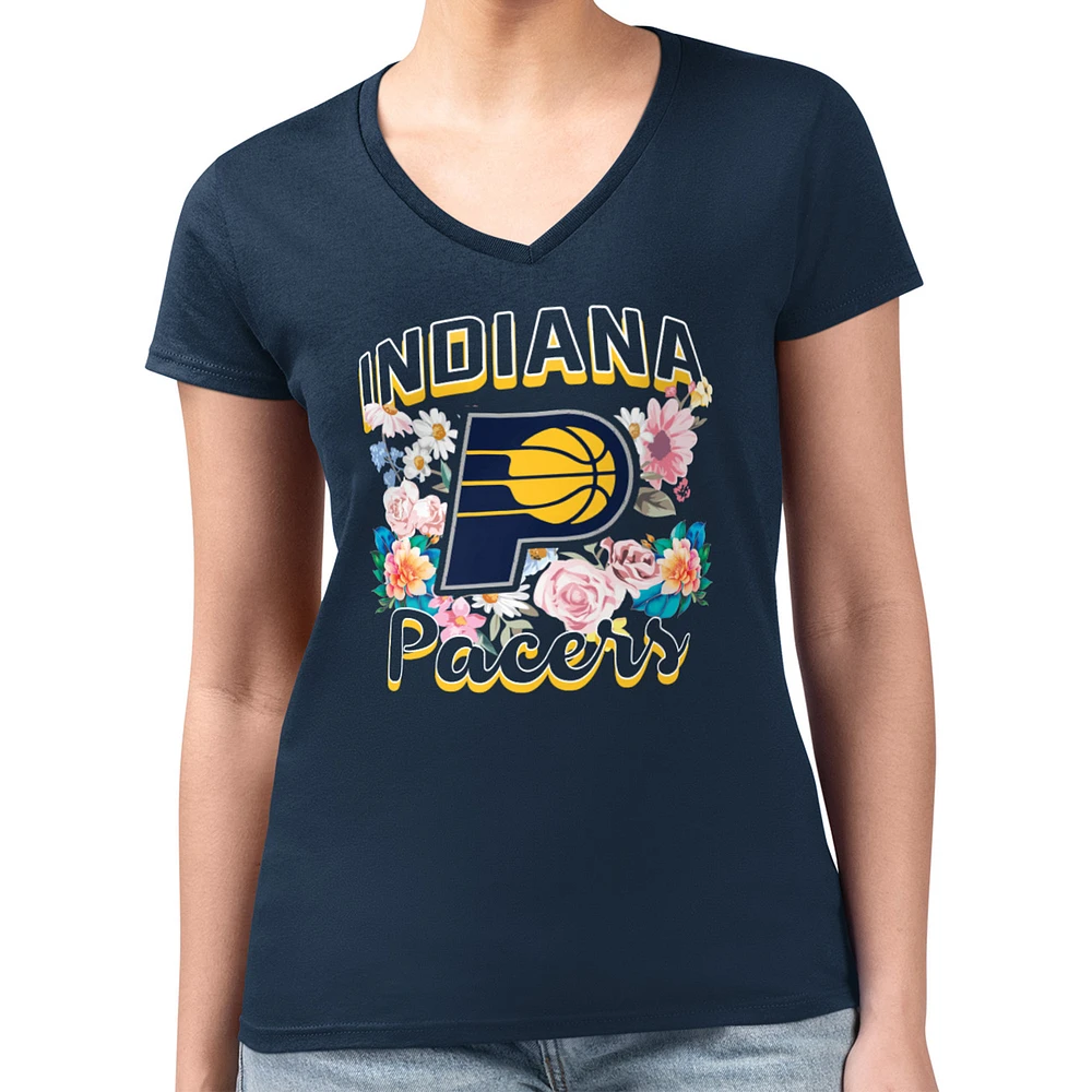 Women's G-III 4Her by Carl Banks Navy Indiana Pacers Super-Slim Fit Lightweight Flowers Team Logo Graphic V-Neck T-Shirt