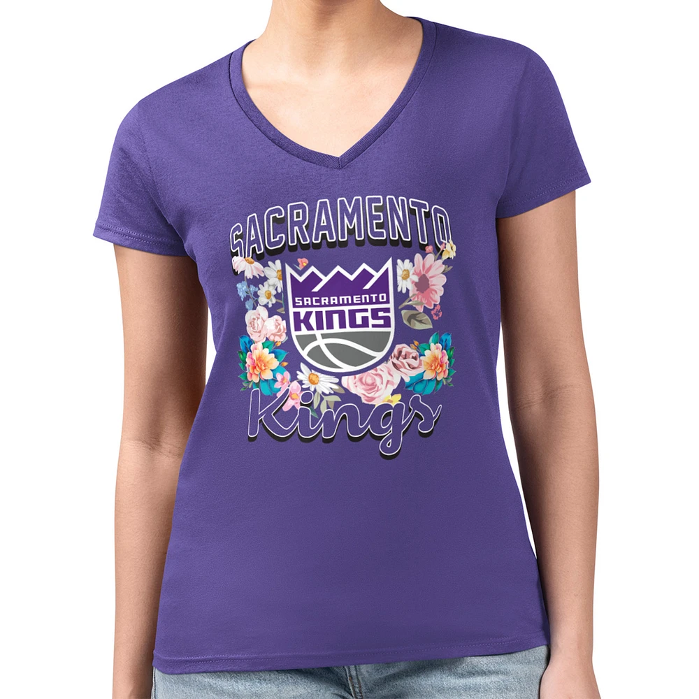 Women's G-III 4Her by Carl Banks Sacramento Kings Super-Slim Fit Lightweight Flowers Team Logo Graphic V-Neck T-Shirt