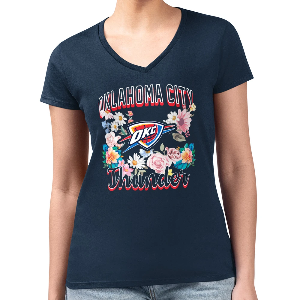 Women's G-III 4Her by Carl Banks Navy Oklahoma City Thunder Super-Slim Fit Lightweight Flowers Team Logo Graphic V-Neck T-Shirt