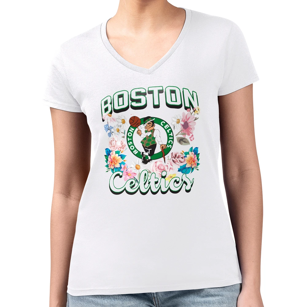 Women's G-III 4Her by Carl Banks White Boston Celtics Super-Slim Fit Lightweight Flowers Team Logo Graphic V-Neck T-Shirt