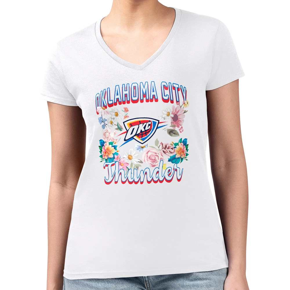 Women's G-III 4Her by Carl Banks White Oklahoma City Thunder Super-Slim Fit Lightweight Flowers Team Logo Graphic V-Neck T-Shirt