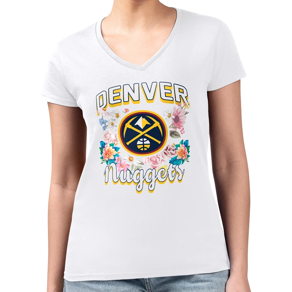 Women's G-III 4Her by Carl Banks White Denver Nuggets Super-Slim Fit Lightweight Flowers Team Logo Graphic V-Neck T-Shirt