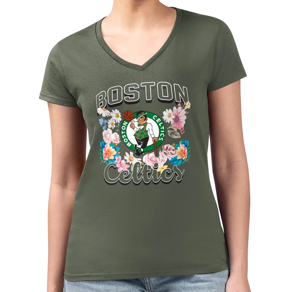 Women's G-III 4Her by Carl Banks Olive Boston Celtics Super-Slim Fit Lightweight Flowers Team Logo Graphic V-Neck T-Shirt