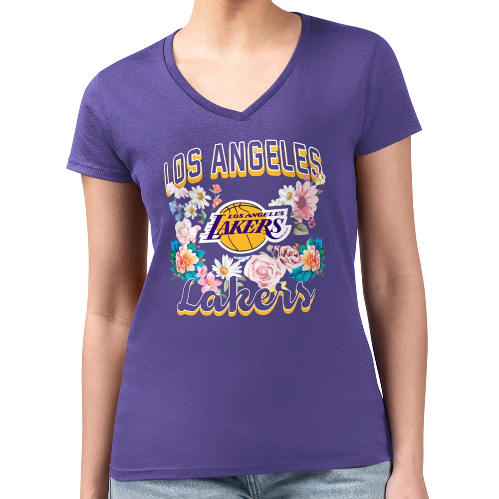 Women's G-III 4Her by Carl Banks Purple Los Angeles Lakers Super-Slim Fit Lightweight Flowers Team Logo Graphic V-Neck T-Shirt